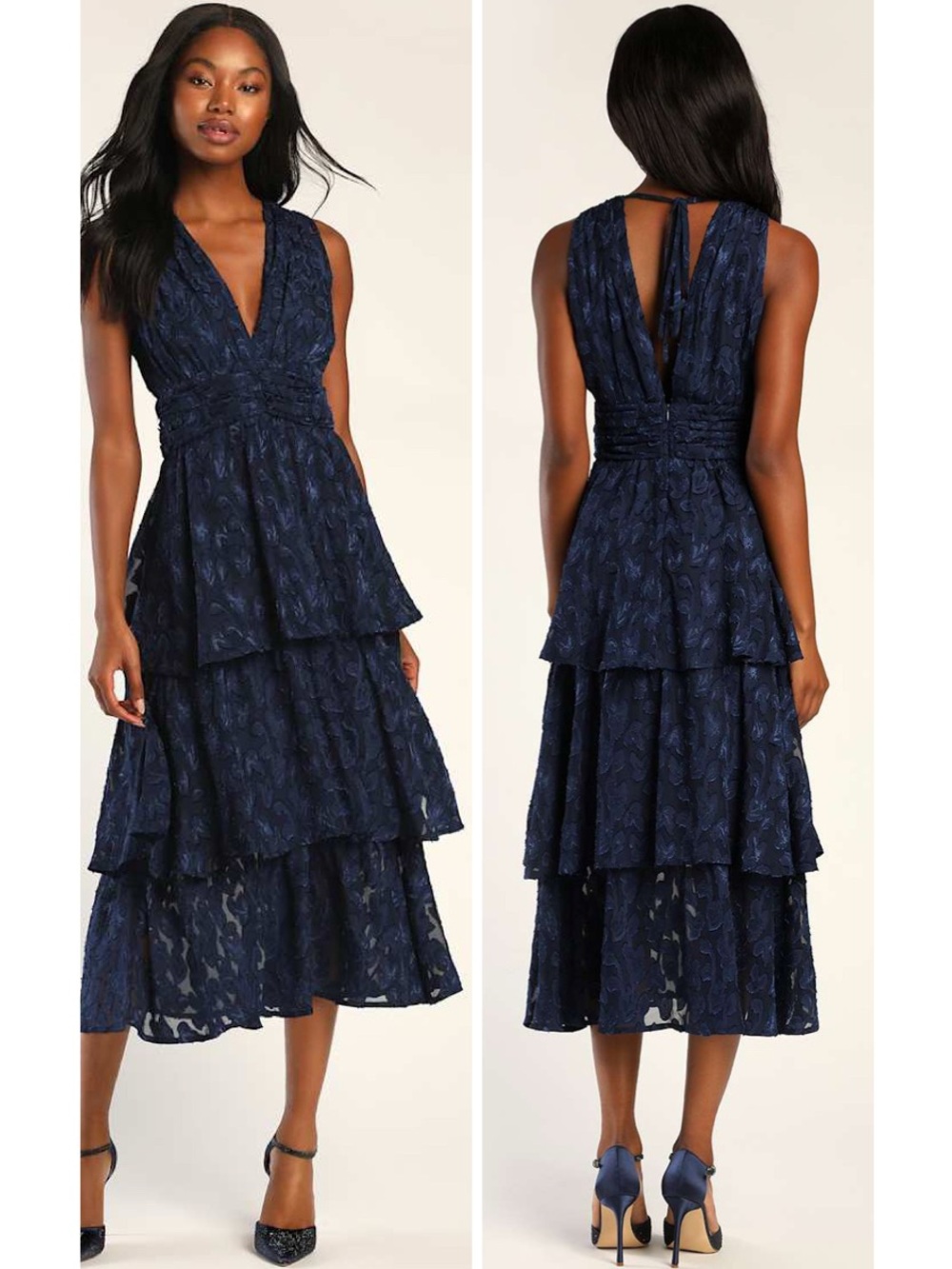 Lulus Make It Mesmerizing Navy Blue Jacquard Tiered Midi Dress Size Small Formal